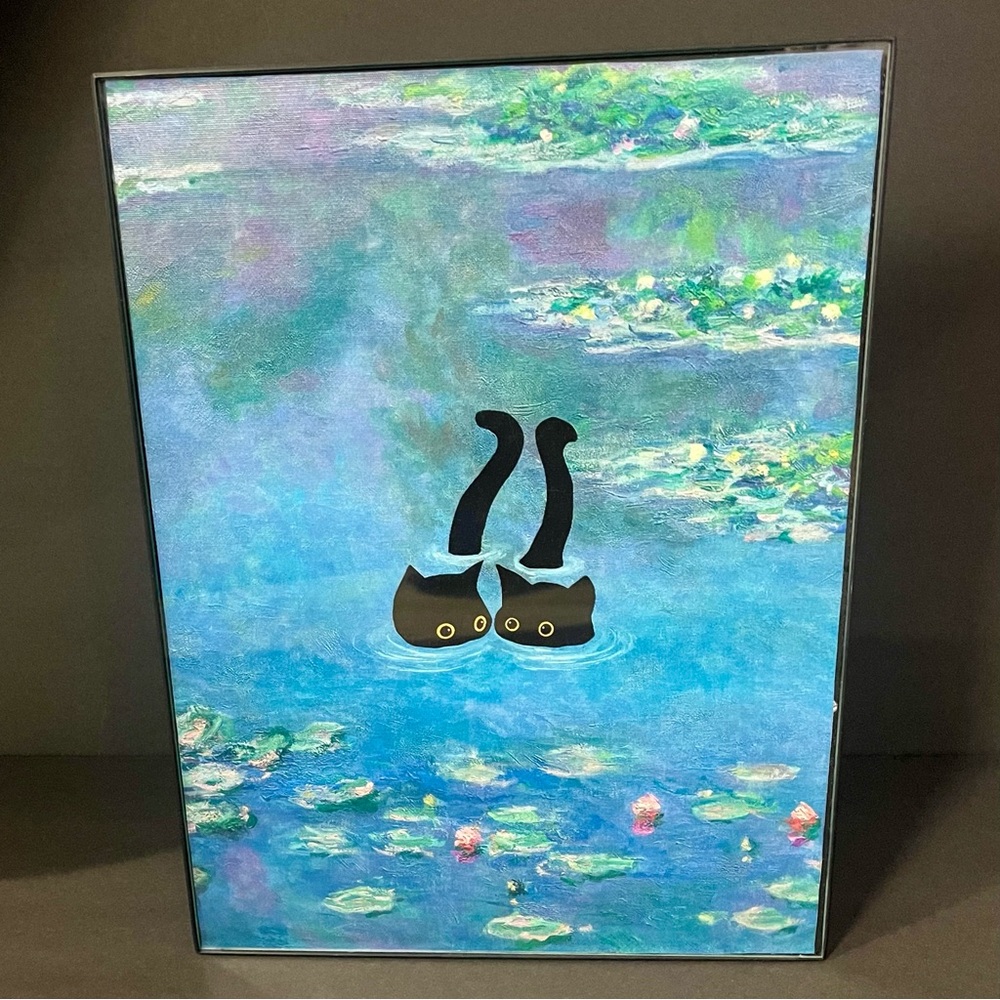 Framed canvas Poster - Floral Funny Black Cat Vintage Water Lillies Van Gogh